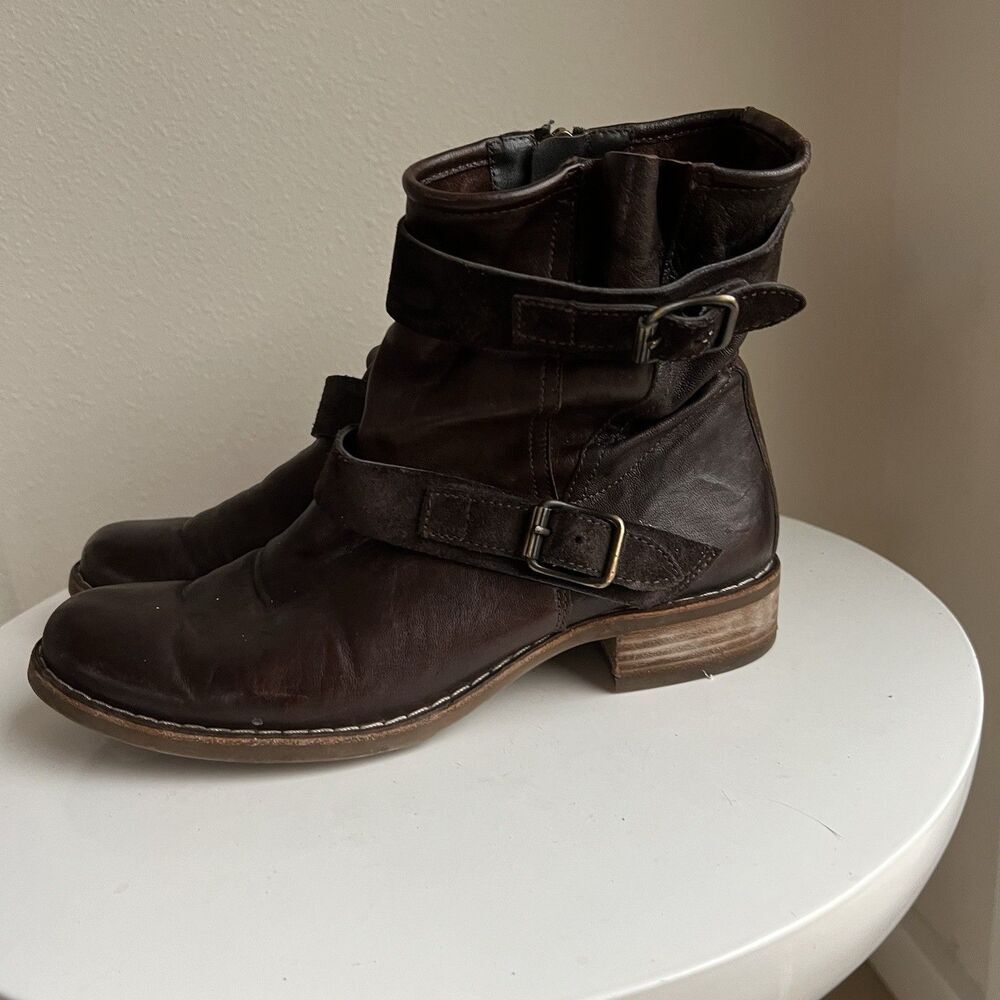 Paul Green Dark Brown Leather Ankle Boots with Buckle Straps